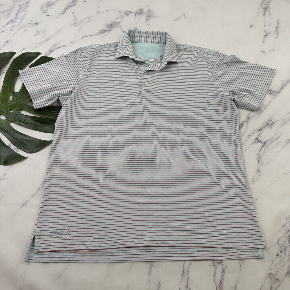 Johnnie O Mens Polo Shirt Size L Light Blue Red Striped Short Sleeve Hoover Cay